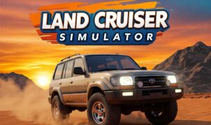 Muddy blue Land Cruiser 4x4 off-roading in a desert landscape at sunset. Land Cruiser Simulator game.