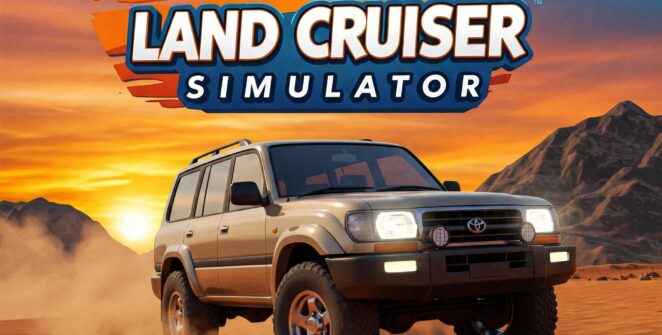 Muddy blue Land Cruiser 4x4 off-roading in a desert landscape at sunset. Land Cruiser Simulator game.