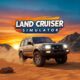 Muddy blue Land Cruiser 4x4 off-roading in a desert landscape at sunset. Land Cruiser Simulator game.
