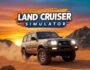 Muddy blue Land Cruiser 4x4 off-roading in a desert landscape at sunset. Land Cruiser Simulator game.