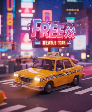 A vibrant 3D rendering of a classic yellow New York taxi cab driving on a city street at night. The 