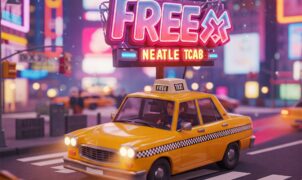 A vibrant 3D rendering of a classic yellow New York taxi cab driving on a city street at night. The 