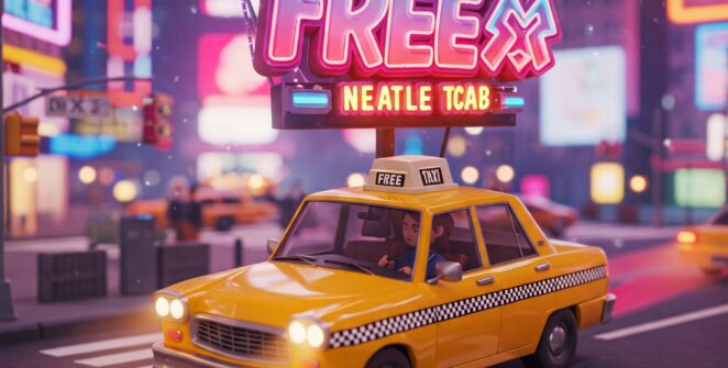 A vibrant 3D rendering of a classic yellow New York taxi cab driving on a city street at night. The 