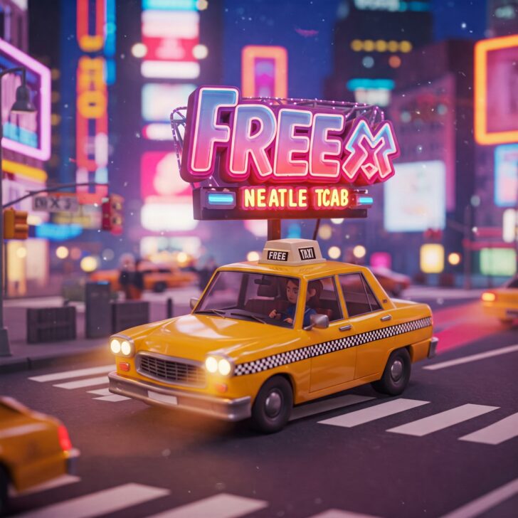 A vibrant 3D rendering of a classic yellow New York taxi cab driving on a city street at night. The "FREE NEW YORK TAXI DRIVER 3D" game title is prominently displayed on a neon sign atop the taxi. The background features bright city lights and billboards, suggesting an immersive urban driving simulation experience. #FreeTaxiGame #NewYorkTaxi #TaxiDriver3D #CityDrivingGame #MobileGaming
