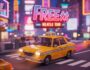A vibrant 3D rendering of a classic yellow New York taxi cab driving on a city street at night. The 
