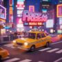 A vibrant 3D rendering of a classic yellow New York taxi cab driving on a city street at night. The 
