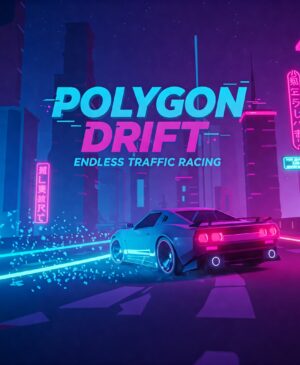 Neon cityscape, retro wave car racing game, Polygon Drift: Endless Traffic Racing, fast-paced driving, futuristic vehicle, synthwave aesthetic, vibrant colors, digital art, mobile game, arcade racing.