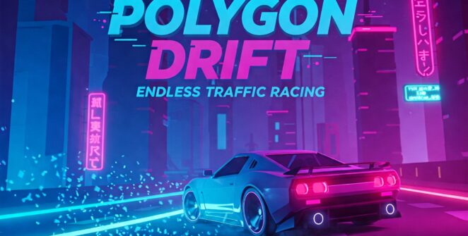 Neon cityscape, retro wave car racing game, Polygon Drift: Endless Traffic Racing, fast-paced driving, futuristic vehicle, synthwave aesthetic, vibrant colors, digital art, mobile game, arcade racing.