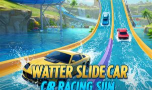 A vibrant and dynamic scene from the "Water Slide Car Racing Sim" game, featuring colorful sports cars racing down thrilling water slides surrounded by a tropical paradise.