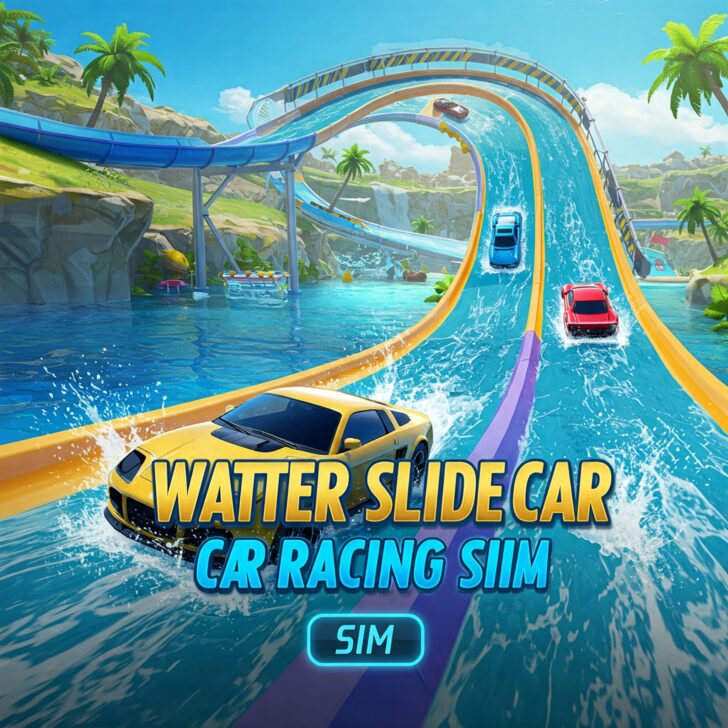 A vibrant and dynamic scene from the "Water Slide Car Racing Sim" game, featuring colorful sports cars racing down thrilling water slides surrounded by a tropical paradise.