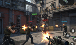 Hazmob FPS: Online Shooter gameplay screenshot showcasing intense urban warfare, tactical team combat, and realistic gunplay. Ideal for mobile shooter game enthusiasts looking for competitive multiplayer action with high-quality graphics.