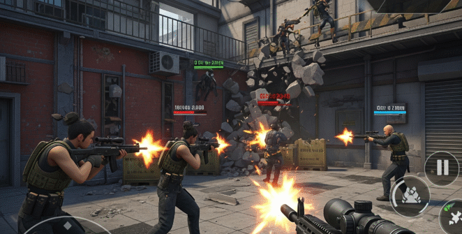 Hazmob FPS: Online Shooter gameplay screenshot showcasing intense urban warfare, tactical team combat, and realistic gunplay. Ideal for mobile shooter game enthusiasts looking for competitive multiplayer action with high-quality graphics.