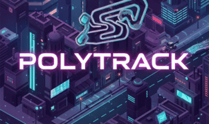 A futuristic city backdrop with sleek, glowing neon pink text displaying the PolyTrack game title. The image features a dynamic, stylized logo of interconnected geometric shapes, hinting at a racing track. This vibrant, isometric illustration captures a high-tech aesthetic, perfect for futuristic racing games, sci-fi game promotions, and indie game marketing.
