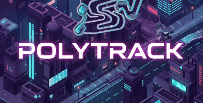 A futuristic city backdrop with sleek, glowing neon pink text displaying the PolyTrack game title. The image features a dynamic, stylized logo of interconnected geometric shapes, hinting at a racing track. This vibrant, isometric illustration captures a high-tech aesthetic, perfect for futuristic racing games, sci-fi game promotions, and indie game marketing.