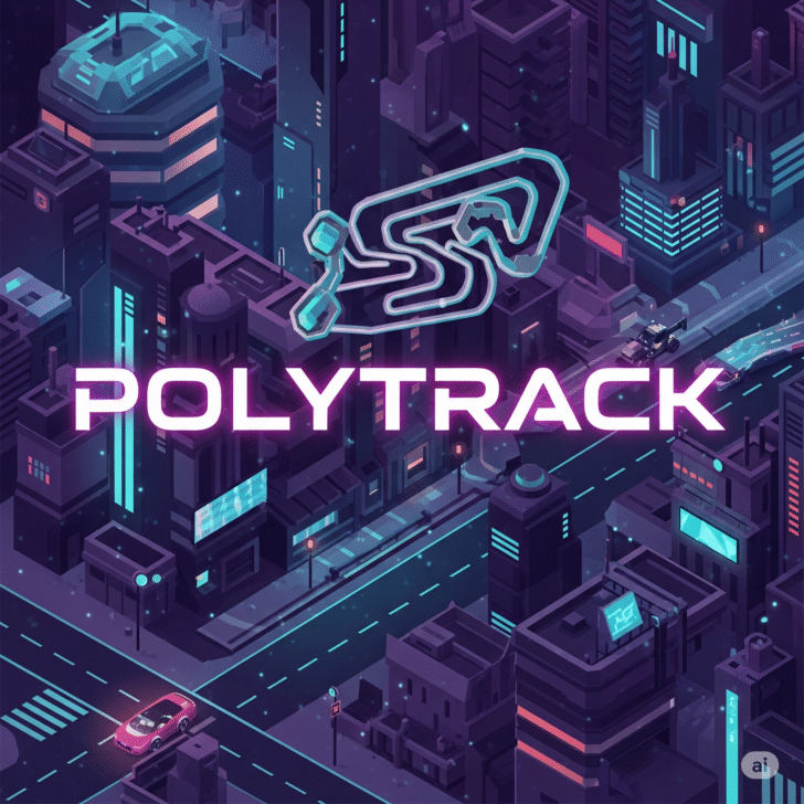 A futuristic city backdrop with sleek, glowing neon pink text displaying the PolyTrack game title. The image features a dynamic, stylized logo of interconnected geometric shapes, hinting at a racing track. This vibrant, isometric illustration captures a high-tech aesthetic, perfect for futuristic racing games, sci-fi game promotions, and indie game marketing.
