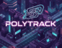 A futuristic city backdrop with sleek, glowing neon pink text displaying the PolyTrack game title. The image features a dynamic, stylized logo of interconnected geometric shapes, hinting at a racing track. This vibrant, isometric illustration captures a high-tech aesthetic, perfect for futuristic racing games, sci-fi game promotions, and indie game marketing.