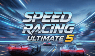 Speed Racing Ultimate 5 game screenshot, high-speed futuristic race cars on a neon track.