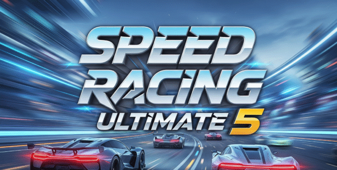 Speed Racing Ultimate 5 game screenshot, high-speed futuristic race cars on a neon track.