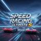 Speed Racing Ultimate 5 game screenshot, high-speed futuristic race cars on a neon track.