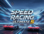 Speed Racing Ultimate 5 game screenshot, high-speed futuristic race cars on a neon track.