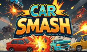 Car Smash game logo, vibrant destruction derby title art. Action-packed Car Smash mobile game graphic, demolition derby theme. Explosive Car Smash game title, cartoon vehicle combat.