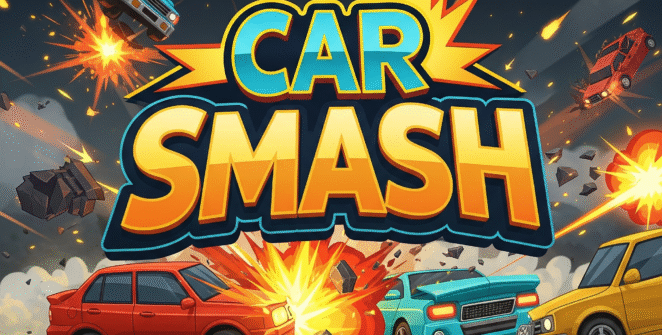 Car Smash game logo, vibrant destruction derby title art. Action-packed Car Smash mobile game graphic, demolition derby theme. Explosive Car Smash game title, cartoon vehicle combat.