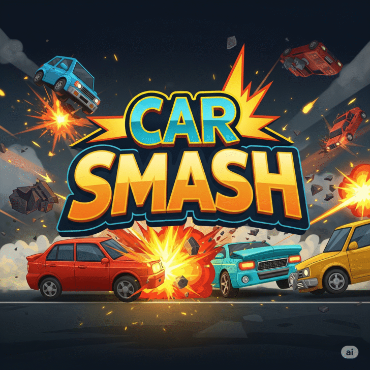 Car Smash game logo, vibrant destruction derby title art. Action-packed Car Smash mobile game graphic, demolition derby theme. Explosive Car Smash game title, cartoon vehicle combat.