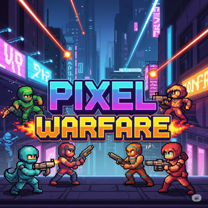 Pixel Warfare game art featuring retro pixel characters in intense online combat; perfect for indie FPS game marketing. Vibrant Pixel Warfare title design with futuristic pixel art graphics, ideal for online shooter game search results. High-energy Pixel Warfare visual showcasing classic pixelated aesthetics and modern shooter gameplay, optimized for gaming news and new game releases.