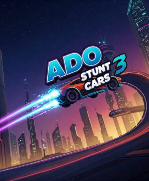 Ado Stunt Cars 3 game cover, futuristic racing, high-speed stunts, car game, racing game, stunt driving, neon cityscape