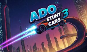 Ado Stunt Cars 3 game cover, futuristic racing, high-speed stunts, car game, racing game, stunt driving, neon cityscape