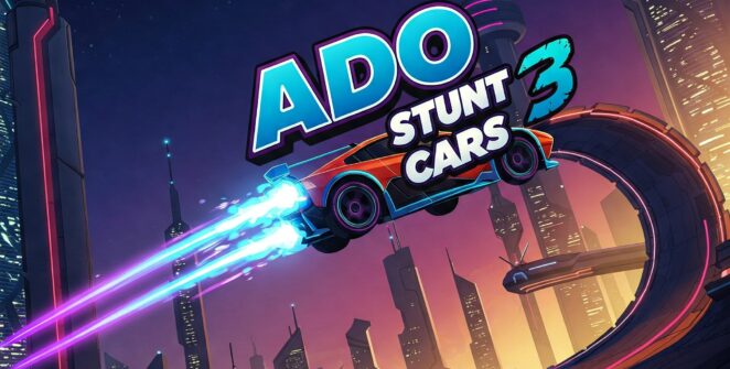 Ado Stunt Cars 3 game cover, futuristic racing, high-speed stunts, car game, racing game, stunt driving, neon cityscape