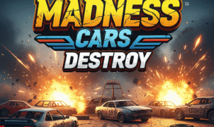 A vibrant digital illustration of the "Madness Cars Destroy" game logo, featuring a graffiti-inspired, bold font amidst a chaotic demolition derby with exploding cars and intense light effects, conveying ultimate destruction and thrill.