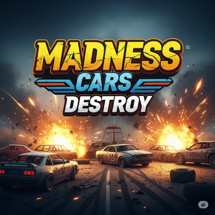 A vibrant digital illustration of the "Madness Cars Destroy" game logo, featuring a graffiti-inspired, bold font amidst a chaotic demolition derby with exploding cars and intense light effects, conveying ultimate destruction and thrill.