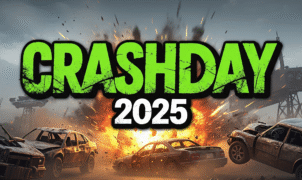 CrashDay 2025 game key art featuring post-apocalyptic car combat, explosive vehicle action, and a dystopian racing landscape.