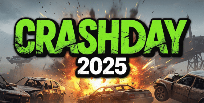 CrashDay 2025 game key art featuring post-apocalyptic car combat, explosive vehicle action, and a dystopian racing landscape.