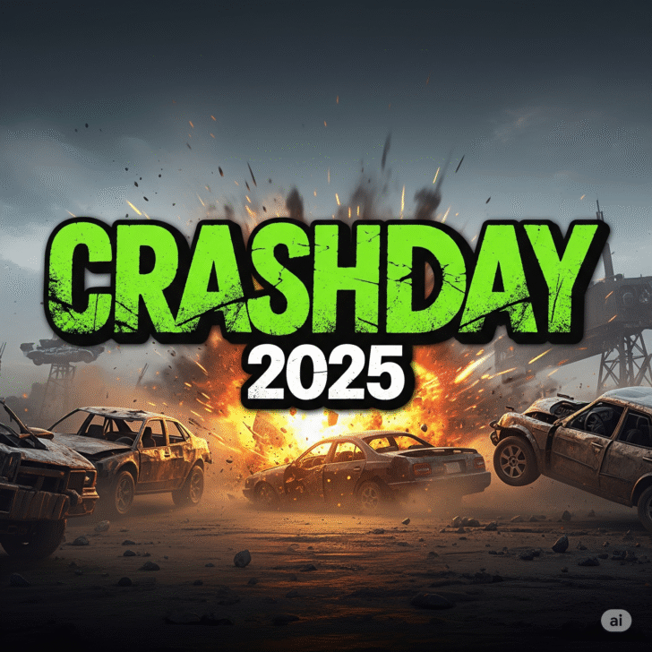 CrashDay 2025 game key art featuring post-apocalyptic car combat, explosive vehicle action, and a dystopian racing landscape.