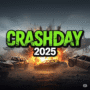 CrashDay 2025 game key art featuring post-apocalyptic car combat, explosive vehicle action, and a dystopian racing landscape.