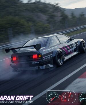 A modified black Japanese racing car is drifting on a track, kicking up smoke. The 