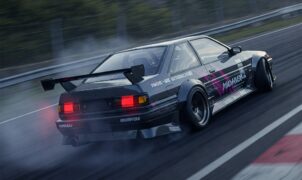 A modified black Japanese racing car is drifting on a track, kicking up smoke. The "Japan Drift Racing Car Simulator" game title is prominently displayed. Gauges showing speed and RPM are visible in the corner.