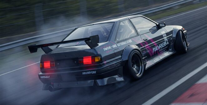 A modified black Japanese racing car is drifting on a track, kicking up smoke. The 