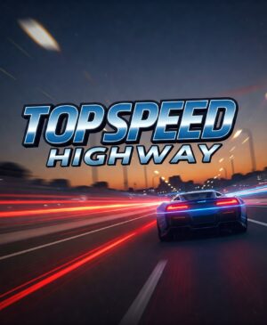 High-speed blue sports car racing on a highway at dusk, motion blur, Top Speed Highway game.