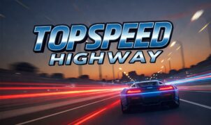 High-speed blue sports car racing on a highway at dusk, motion blur, Top Speed Highway game." "Nighttime highway scene with a fast blue car and light trails, promoting the Top Speed Highway game." "Dynamic image of a blue supercar speeding on a multi-lane highway, featuring the Top Speed Highway game title.