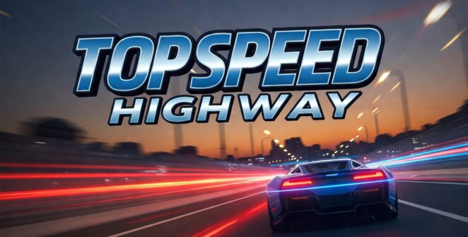High-speed blue sports car racing on a highway at dusk, motion blur, Top Speed Highway game.