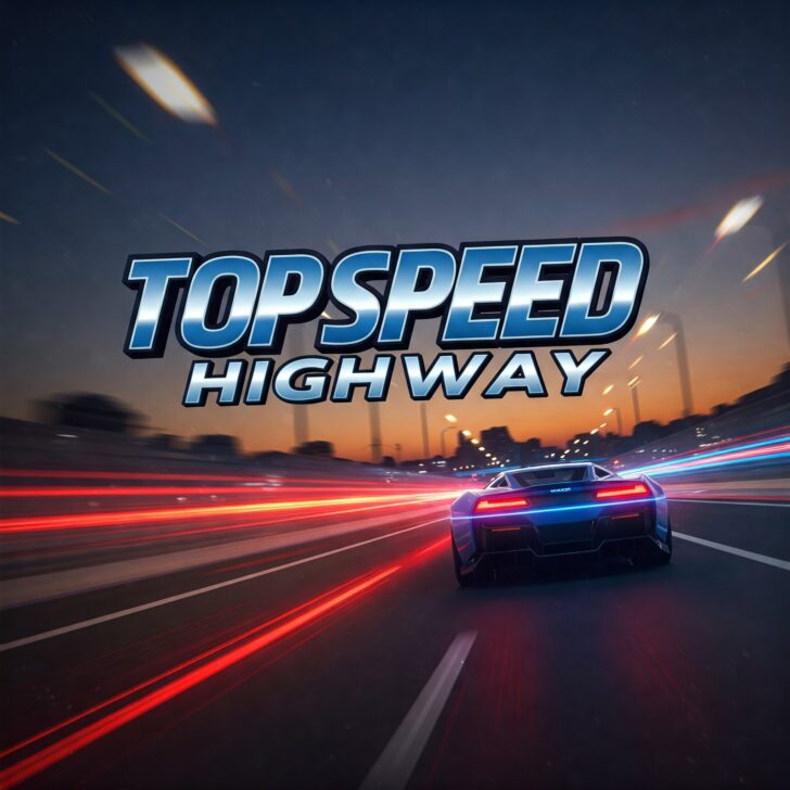 High-speed blue sports car racing on a highway at dusk, motion blur, Top Speed Highway game." "Nighttime highway scene with a fast blue car and light trails, promoting the Top Speed Highway game." "Dynamic image of a blue supercar speeding on a multi-lane highway, featuring the Top Speed Highway game title.