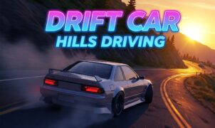 Silver drift car driving on a winding mountain road at sunset, leaving tire smoke. #DriftCar #HillsDriving #CarGame #RacingGame #MountainRoad #SunsetDrive
