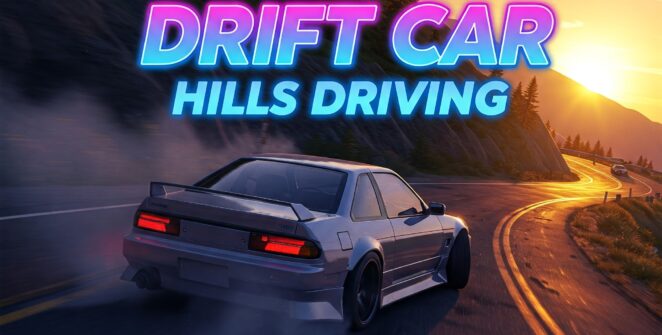 Silver drift car driving on a winding mountain road at sunset, leaving tire smoke. #DriftCar #HillsDriving #CarGame #RacingGame #MountainRoad #SunsetDrive