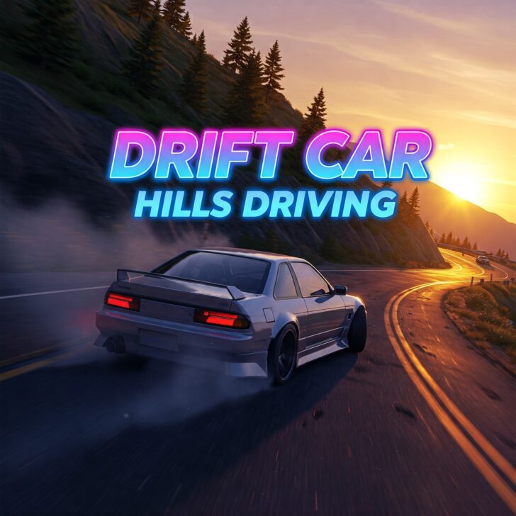 Silver drift car driving on a winding mountain road at sunset, leaving tire smoke. #DriftCar #HillsDriving #CarGame #RacingGame #MountainRoad #SunsetDrive
