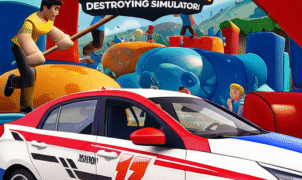 A cartoon-style image depicting a chaotic obstacle race with participants interacting with inflatable obstacles. A car is visible in the foreground. The game title 
