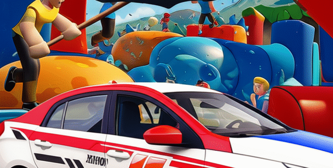 A cartoon-style image depicting a chaotic obstacle race with participants interacting with inflatable obstacles. A car is visible in the foreground. The game title 