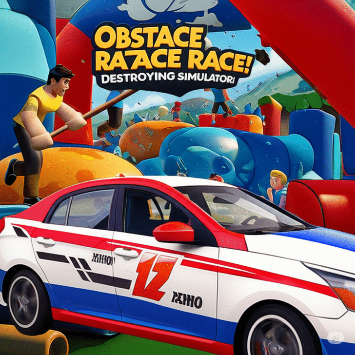 A cartoon-style image depicting a chaotic obstacle race with participants interacting with inflatable obstacles. A car is visible in the foreground. The game title "Obstacle Race: Destroying Simulator!" is prominently displayed.